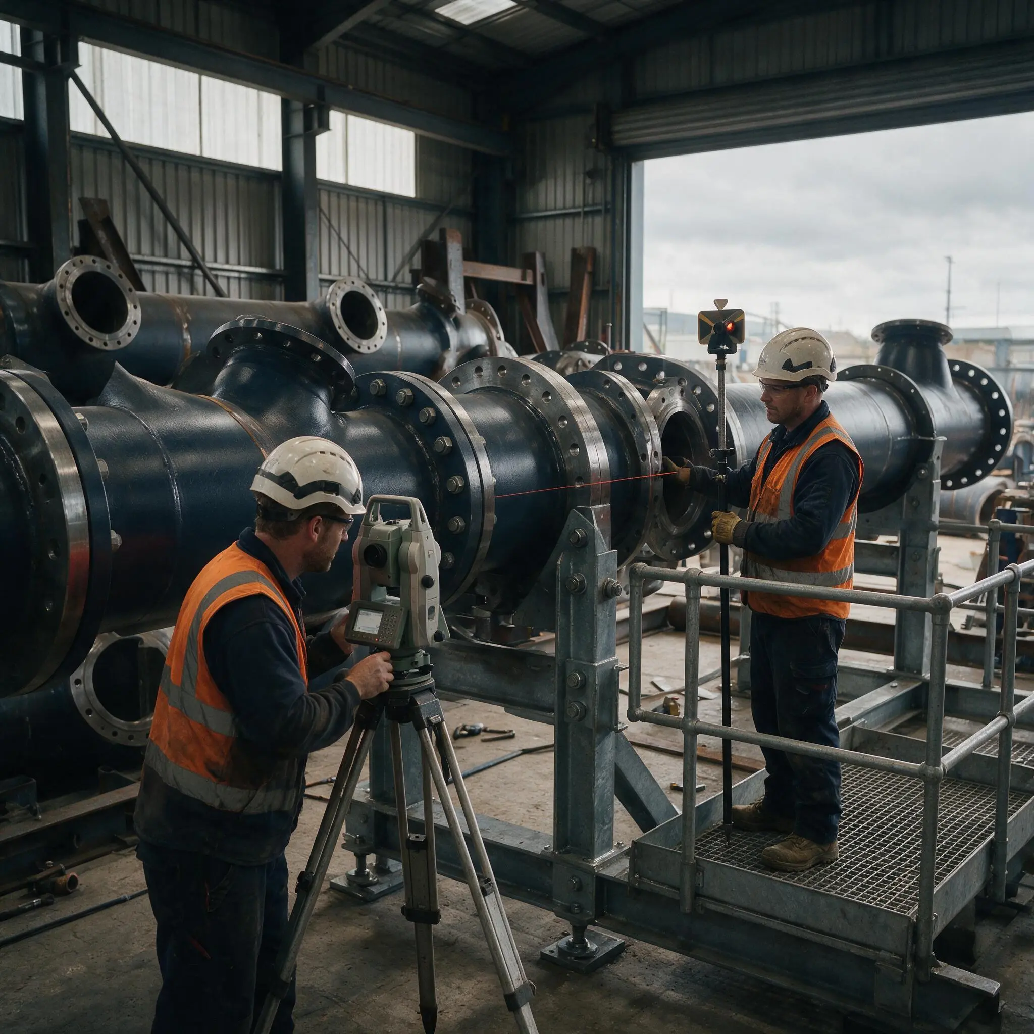 Surveyors verifying the alignment of prefabricated industrial pipework before installation.