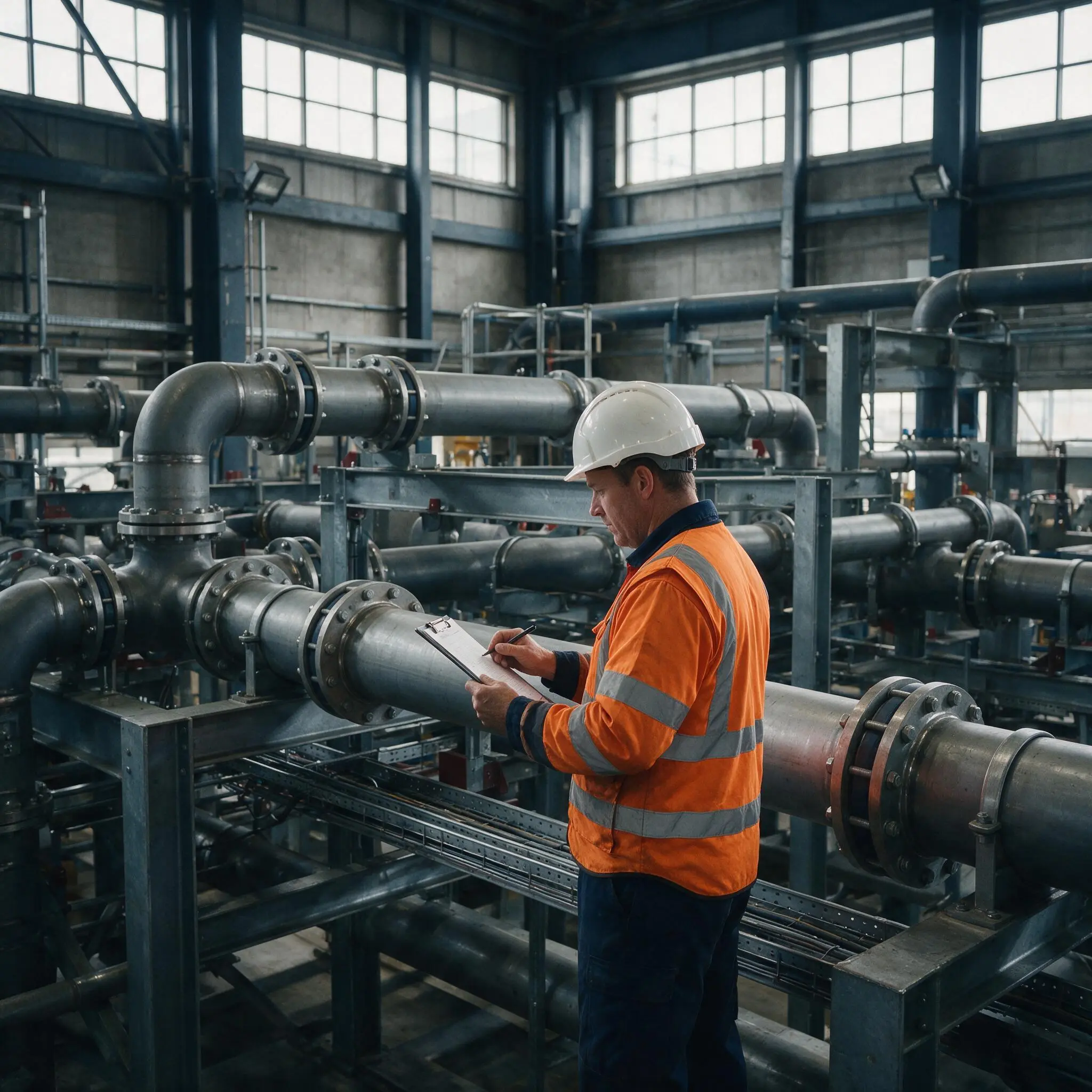 Senior engineer completing a final verification of installed industrial pipework.