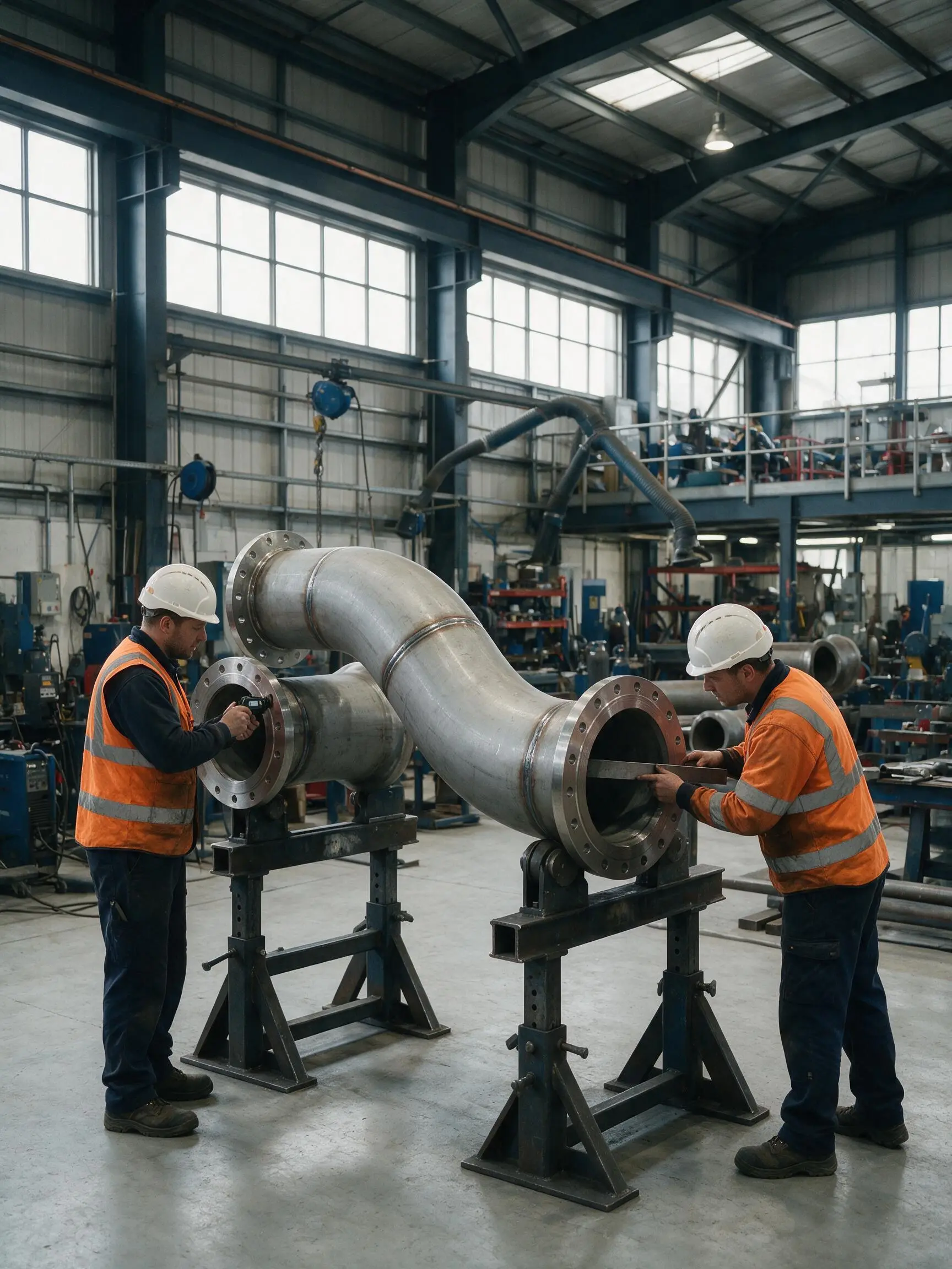 Technicians checking pipework before installation to prevent rework and waste.
