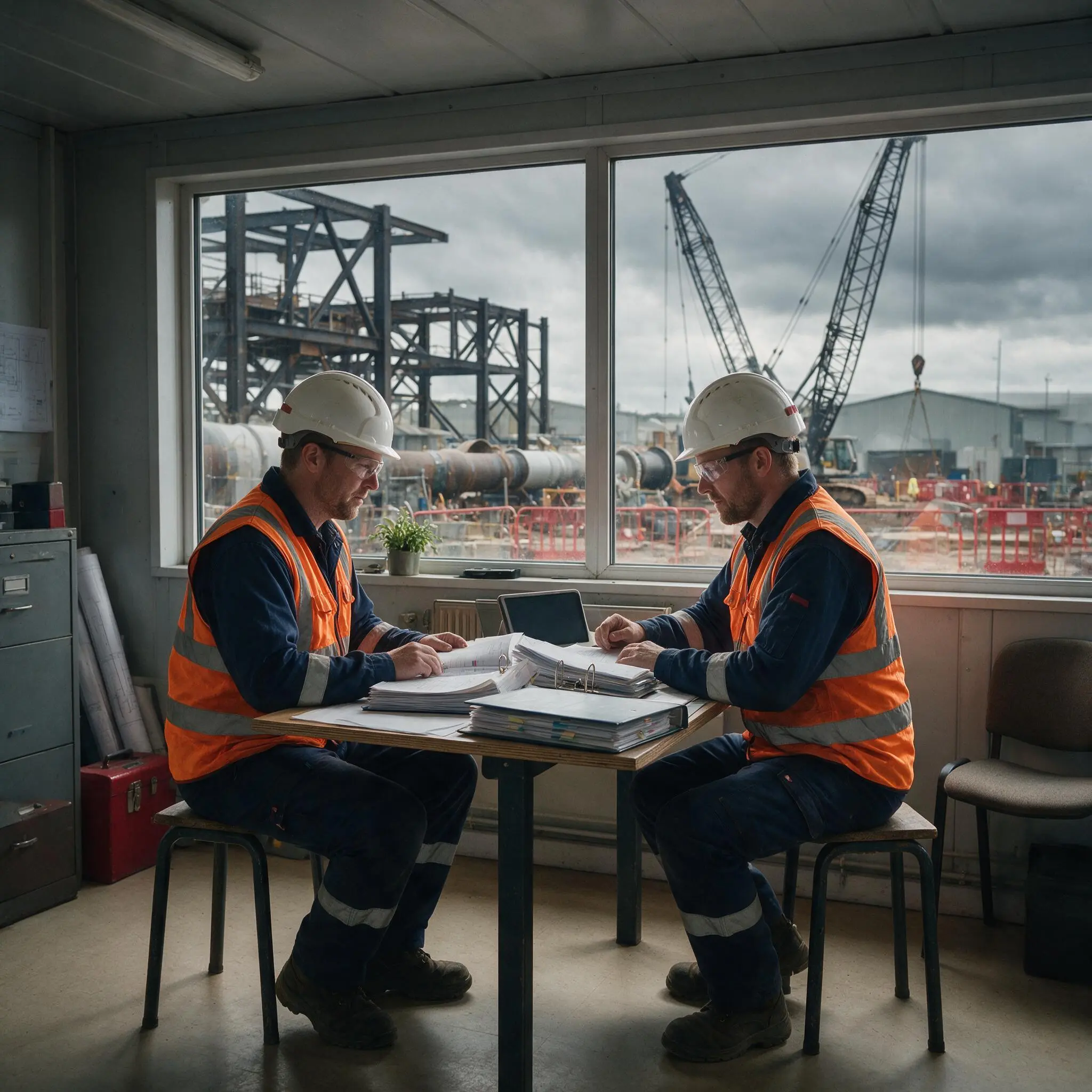 Field engineers reviewing organised completion documentation before handover.
