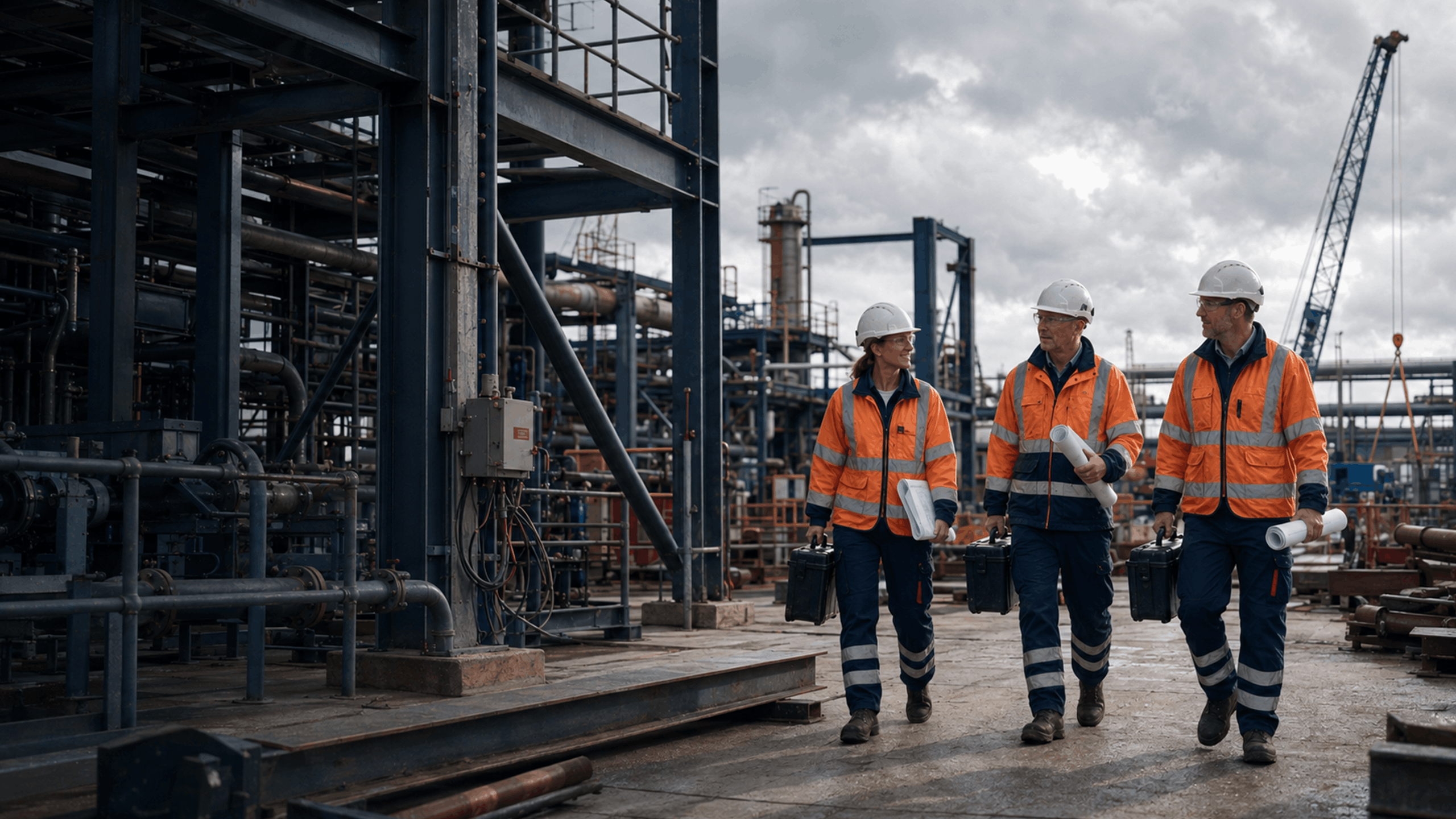 Experienced technical specialists walking through a major industrial construction site.