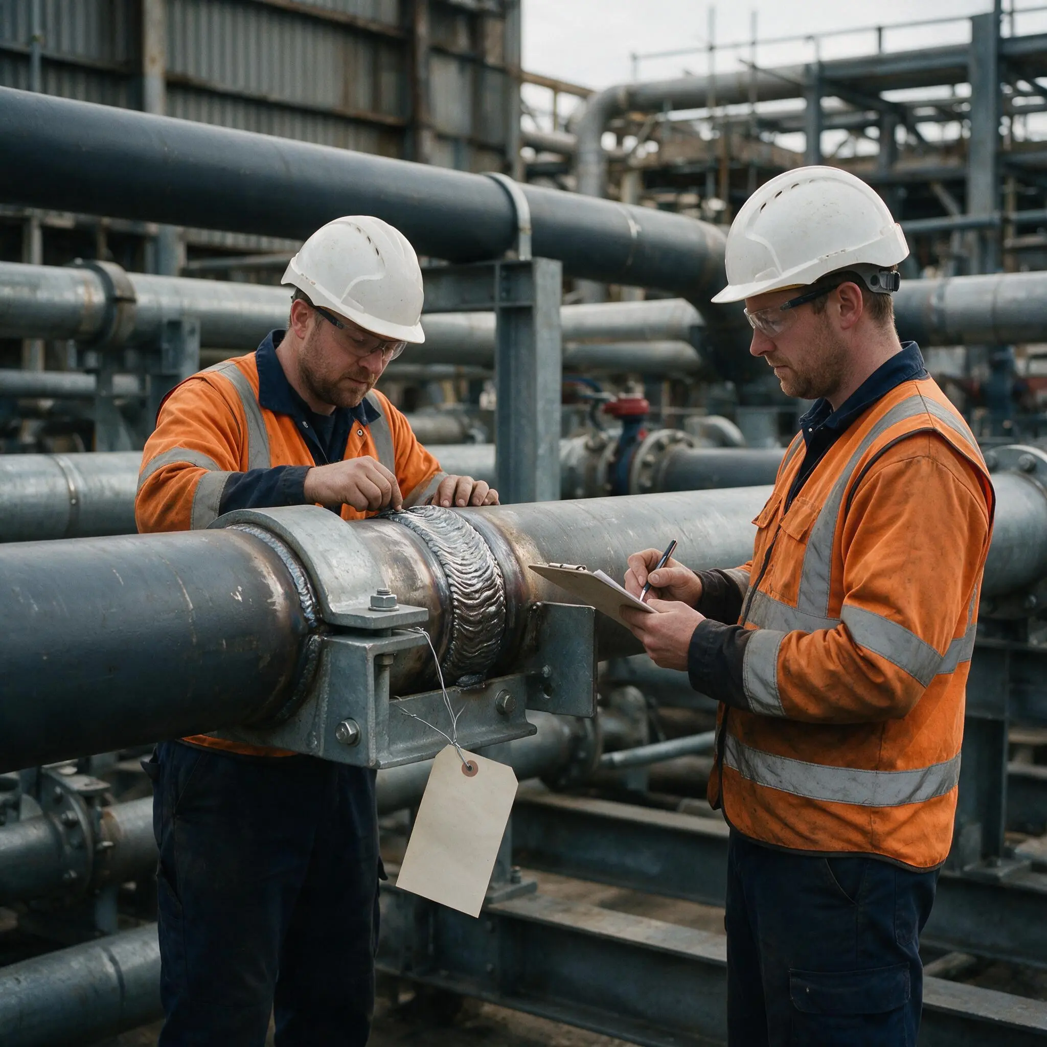 Quality engineers inspecting and recording a repaired pipe connection.