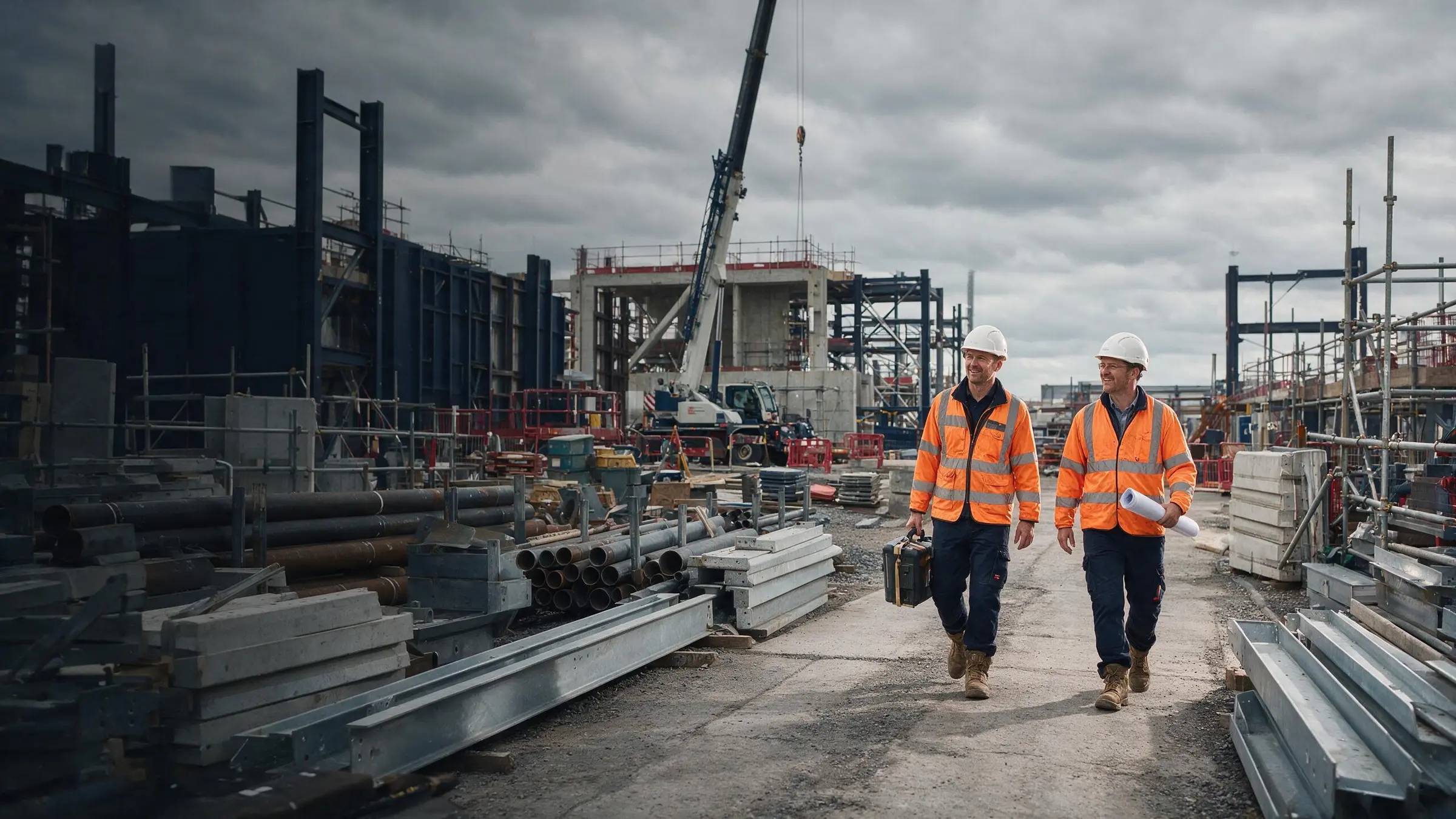 Engineering specialists walking through a major infrastructure construction site.