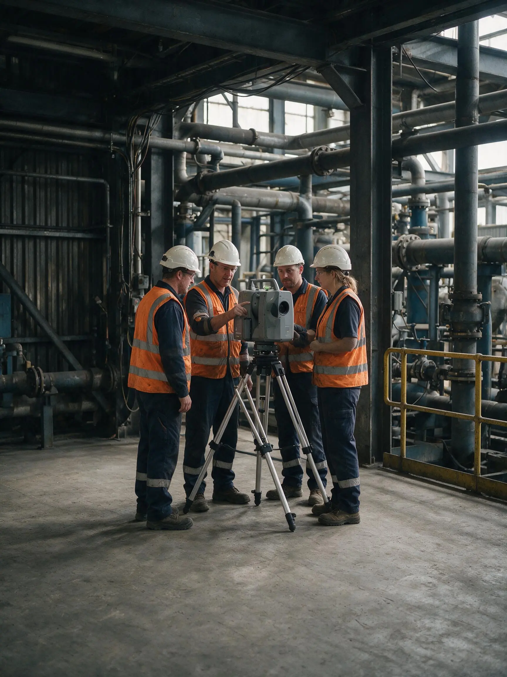 Instructor demonstrating terrestrial laser scanning inside an industrial facility.
