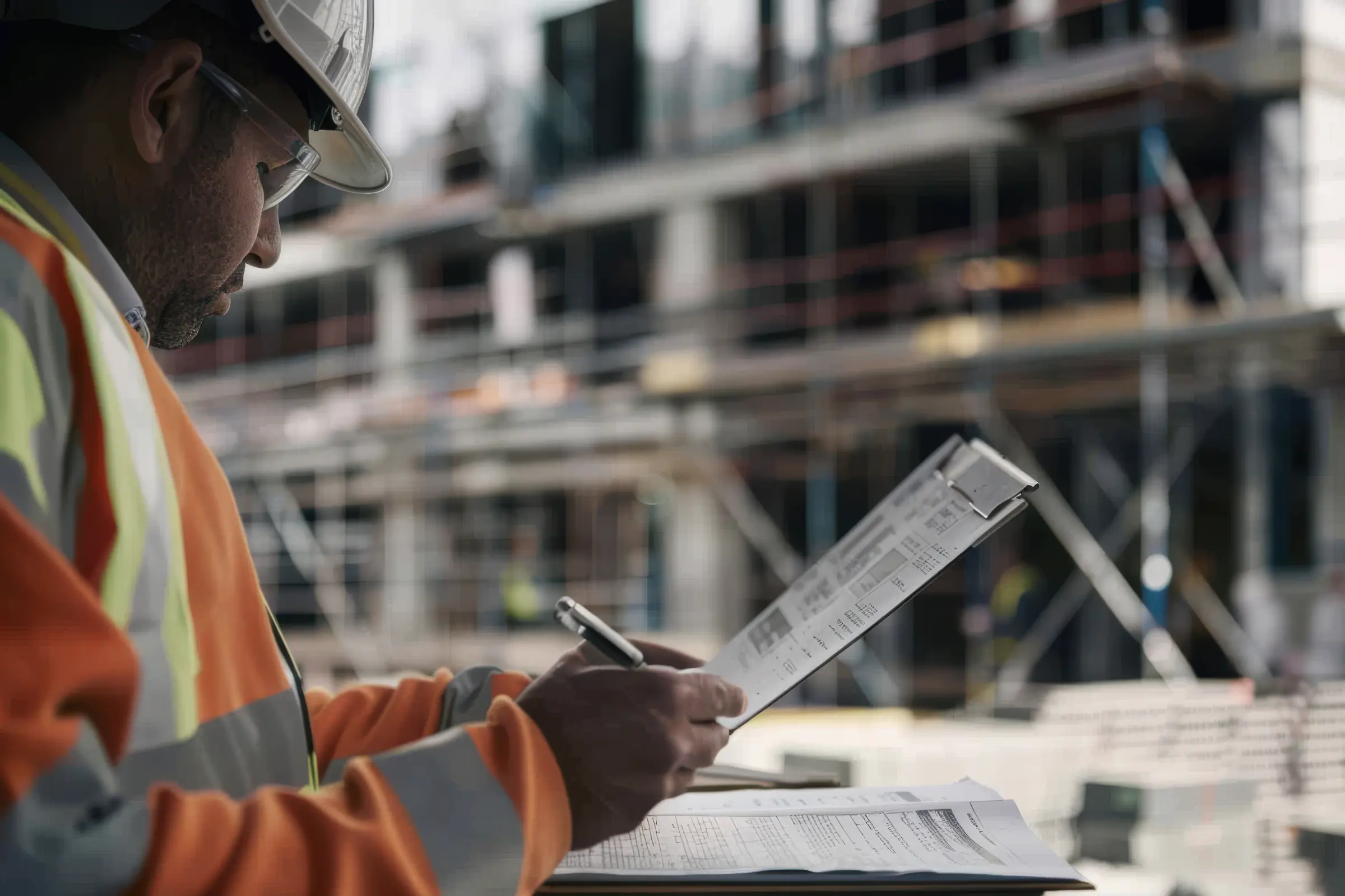 Site engineer recording and checking inspection documentation.
