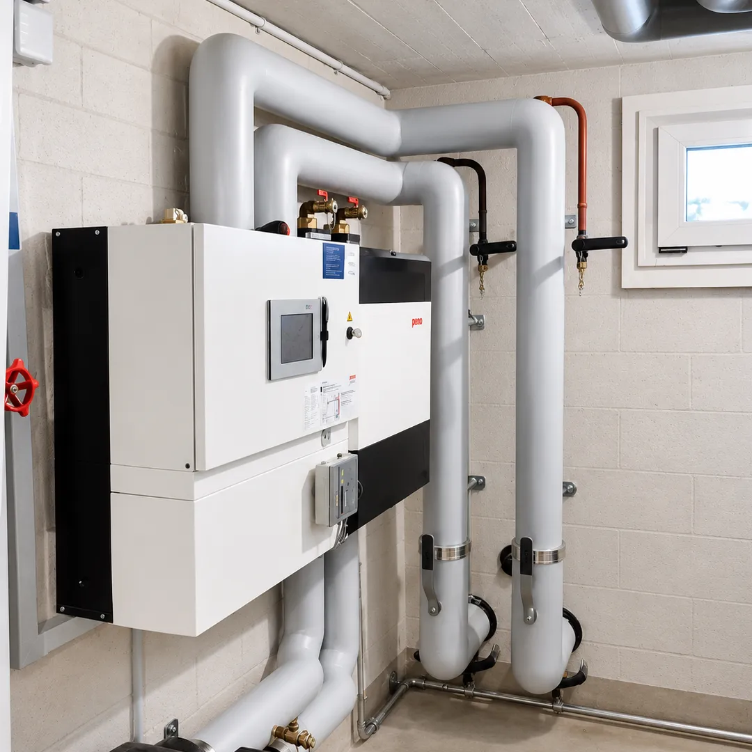 Modernisierte Haustechnik im Rahmen einer Gebäudesanierung mit Heizungsanlage und isolierten Leitungen