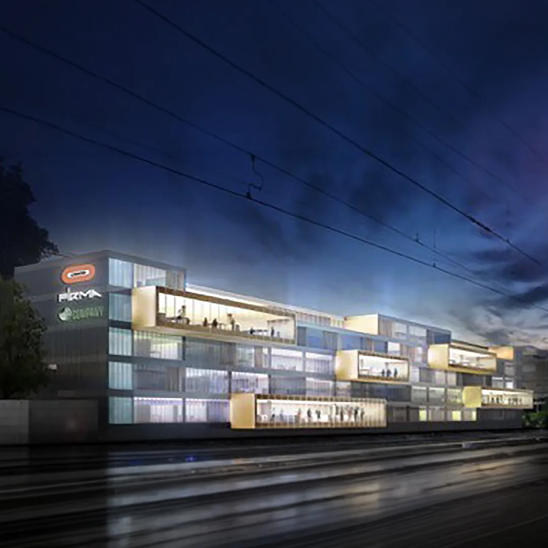 Visualisierung eines Architekturwettbewerbs mit mehrgeschossigem Gebäude entlang einer Bahnlinie bei Abendstimmung