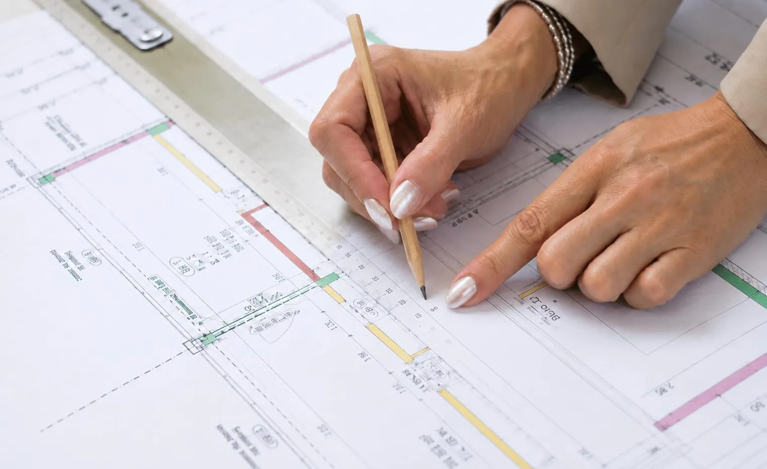 Architekturplanung am Bauplan mit Massstab, Bleistift und technischen Zeichnungen.