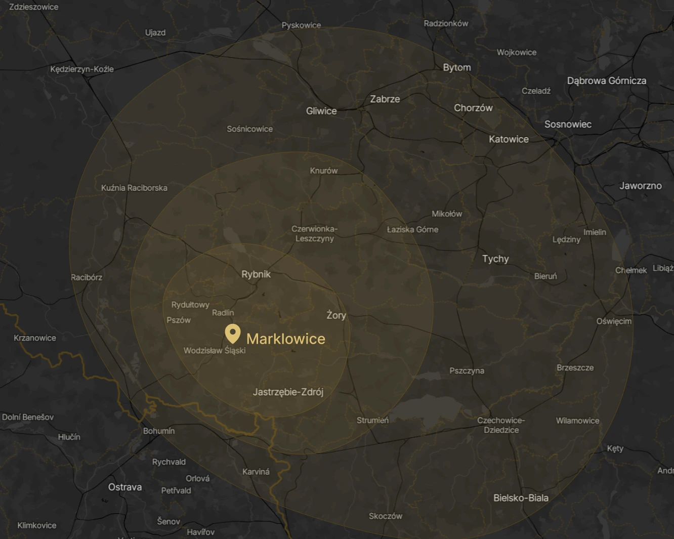 Mapa zakresu działań MR. WHITE na obszarze śląska