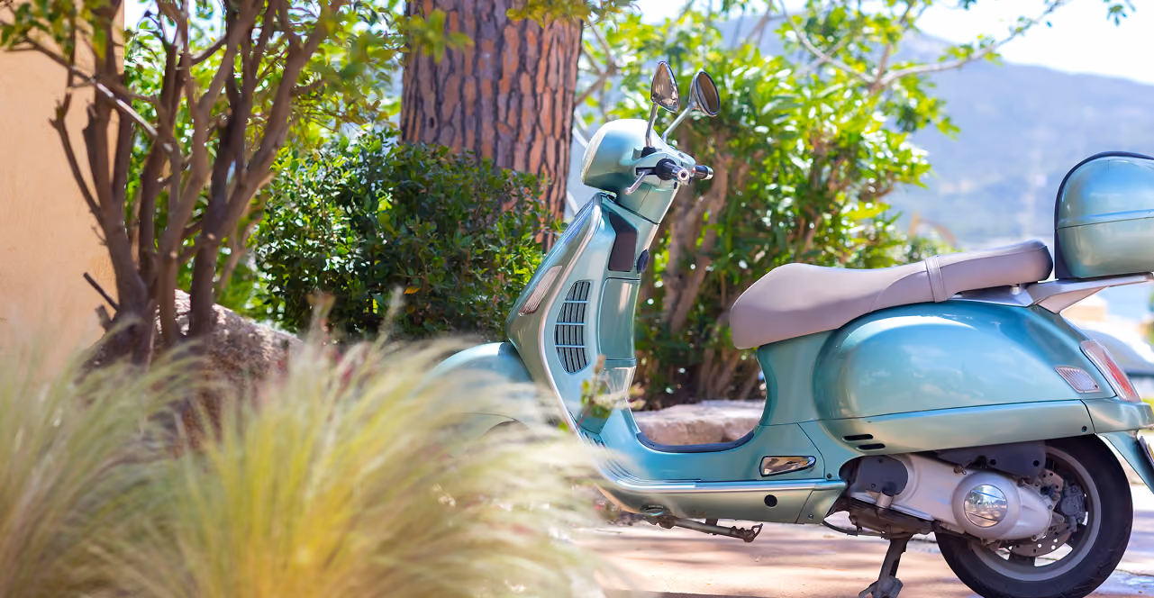 Scooter bleu clair garé près d'un petit arbuste et un arbre, avec un siège beige et un coffre arrière surmonté d'un siège passager dans un cadre extérieur ensoleillé.