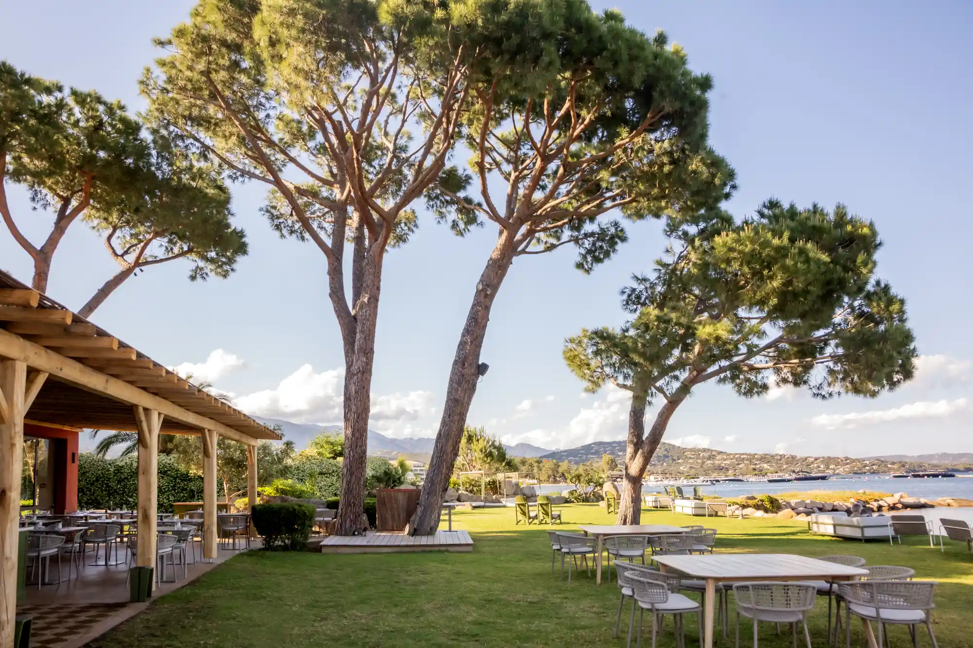 Terrasse extérieure d'un restaurant avec des tables et chaises sous un abri en bois, grand espace de pelouse avec des tables et chaises, grands pins, vue sur une baie avec des collines en arrière-plan sous un ciel clair.