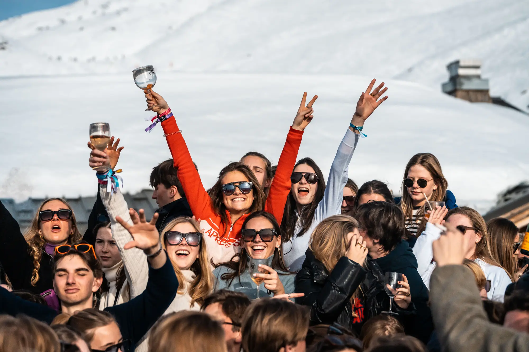 Un groupe de jeunes souriants célébrant en plein air avec des verres à vin à la main, devant un paysage enneigé, plusieurs portant des lunettes de soleil et levant les bras.