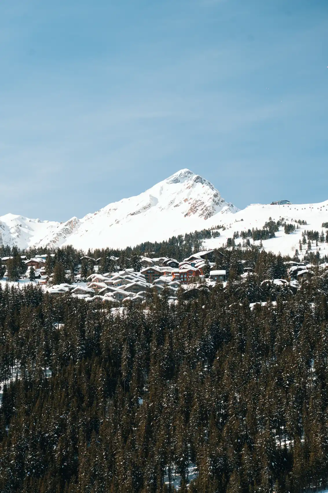 Village de chalets enneigés entouré d'une forêt dense de sapins avec une montagne enneigée en arrière-plan sous un ciel bleu clair.