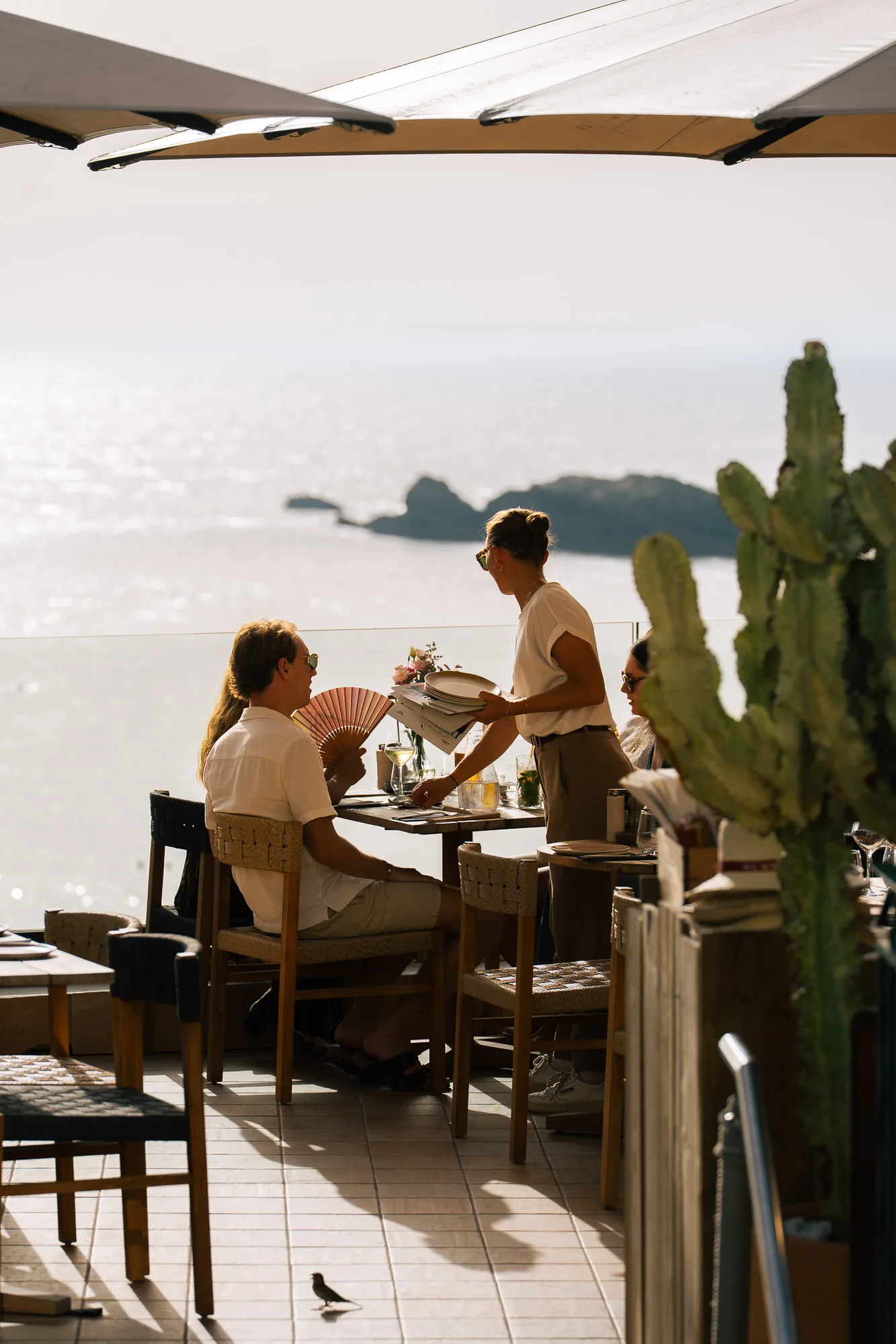 Un serveur sert des assiettes à deux clients assis à une table extérieure dans un restaurant avec vue sur la mer, une personne éventaille et un grand cactus visible à droite.