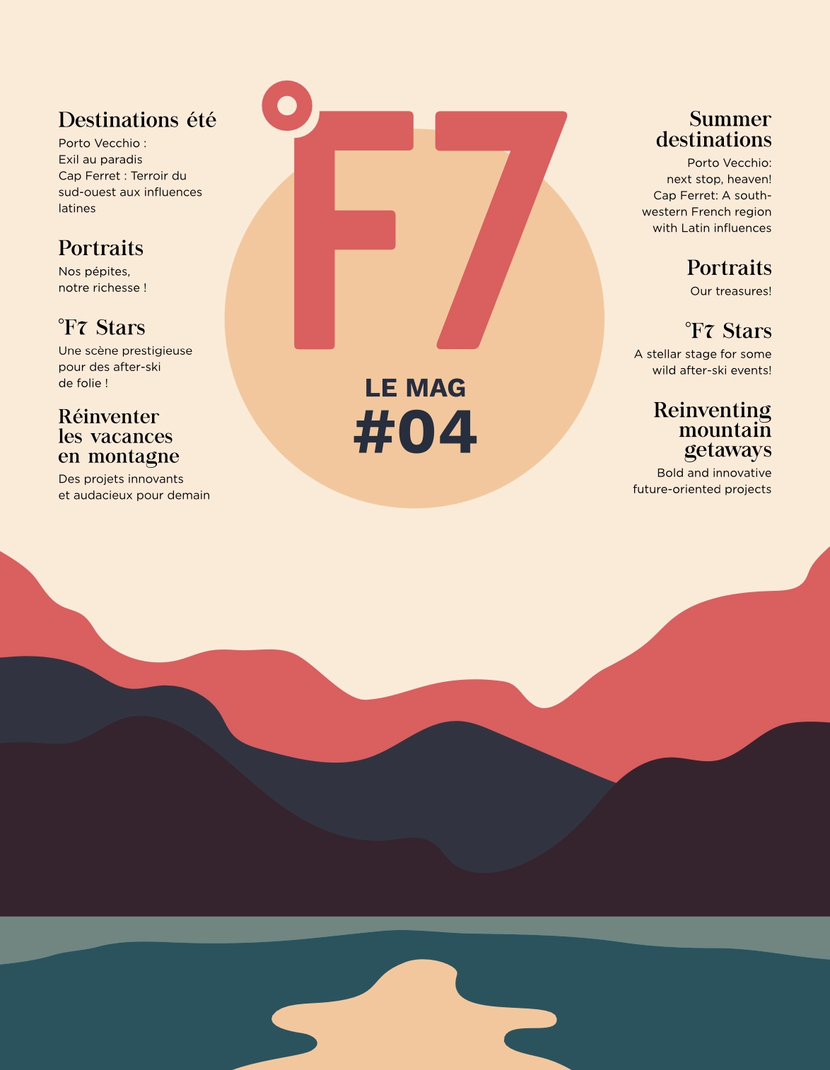 Couverture d'un magazine intitulé F7 LE MAG #04 avec un grand logo F7 rouge sur un cercle beige clair, entouré de texte en français et en anglais évoquant des destinations d'été, portraits, étoiles F7, et projets innovants de vacances en montagne, le tout sur un fond illustré de montagnes stylisées en couches rouges, noires et bleu foncé au-dessus d'un lac.