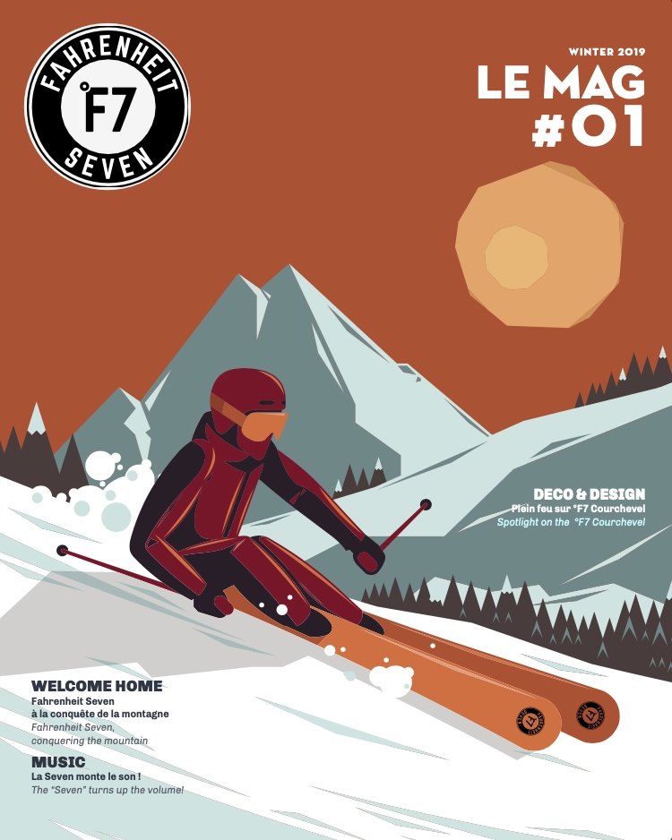 Couverture du magazine hiver 2019 de Fahrenheit Seven montrant un skieur en combinaison rouge foncé et casque skiant sur une montagne enneigée avec un soleil orangé dans un ciel marron et des montagnes en arrière-plan.