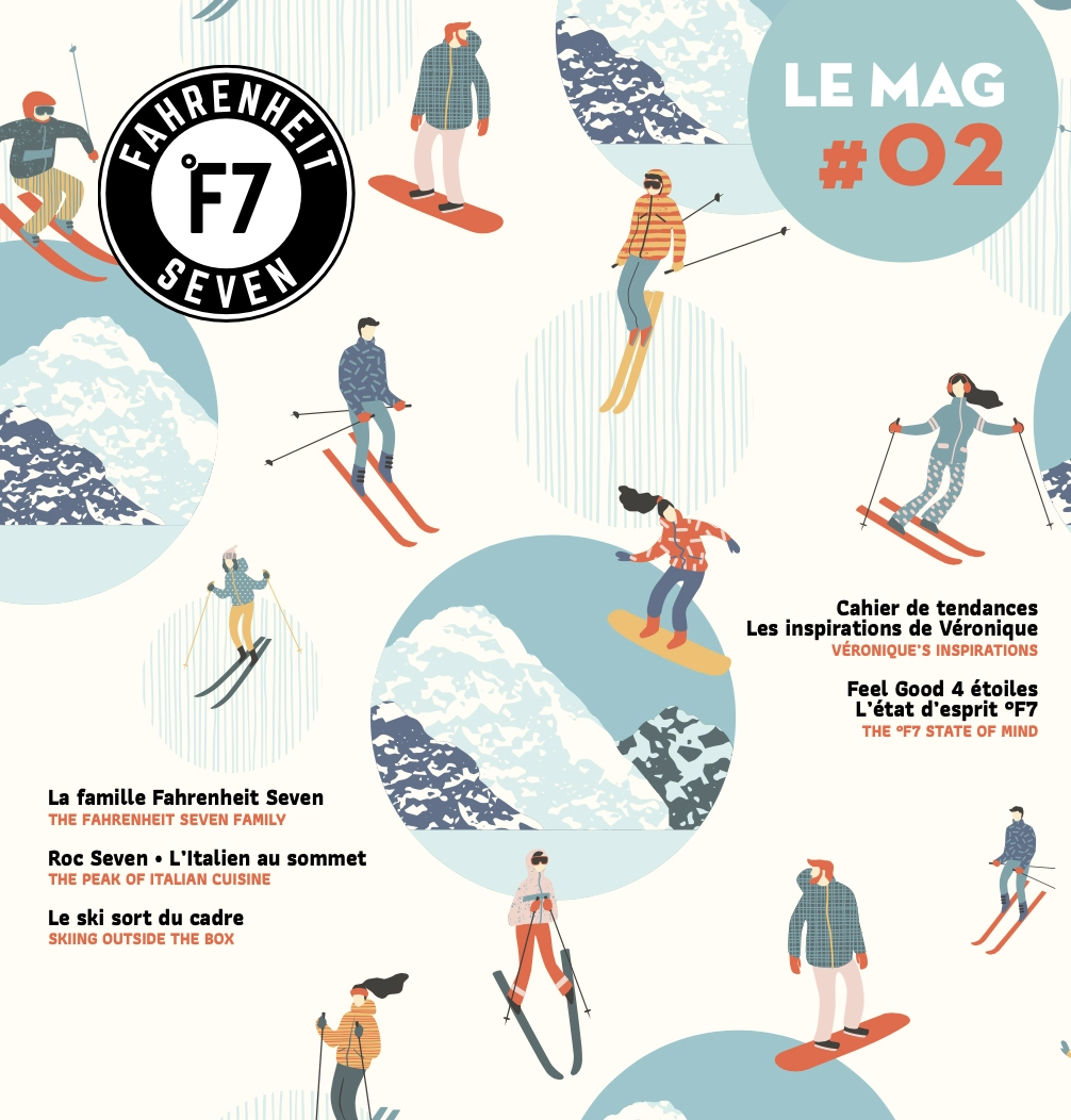 Couverture de magazine avec illustrations de skieurs et snowboardeurs en mouvement, cercles bleus contenant des montagnes enneigées, logo Fahrenheit Seven en noir et blanc en haut à gauche, texte en français avec titres et sous-titres sur le ski, la cuisine italienne, les tendances et l'état d'esprit F7.