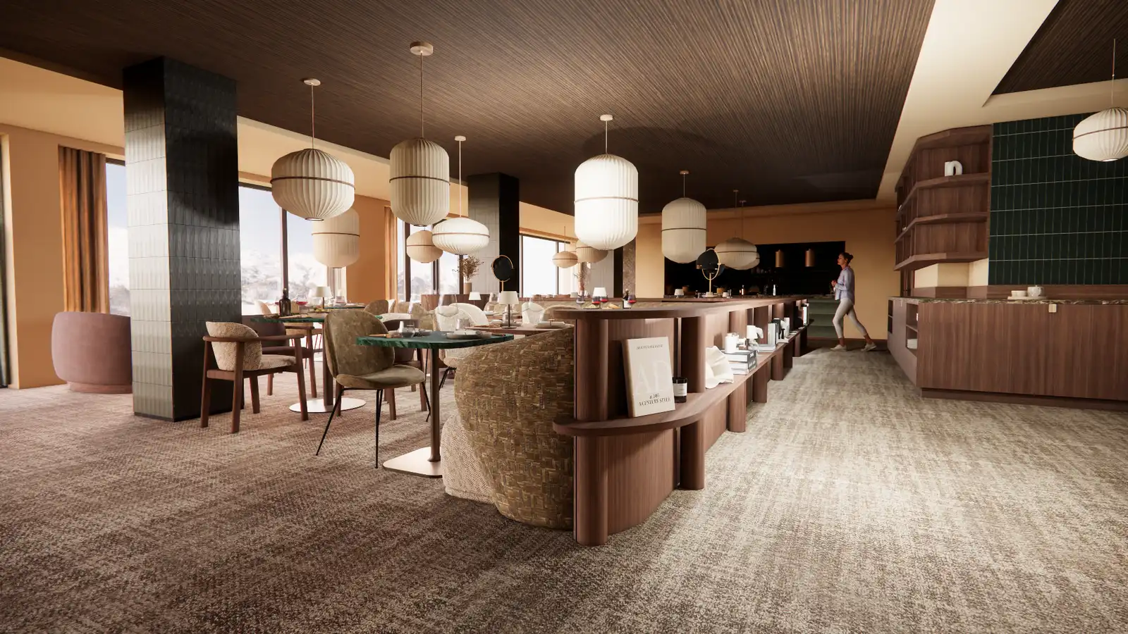 Intérieur moderne d'un restaurant ou café avec des suspensions blanches, tables rondes, chaises et un comptoir en bois sur un sol moquetté, une personne marche au fond.