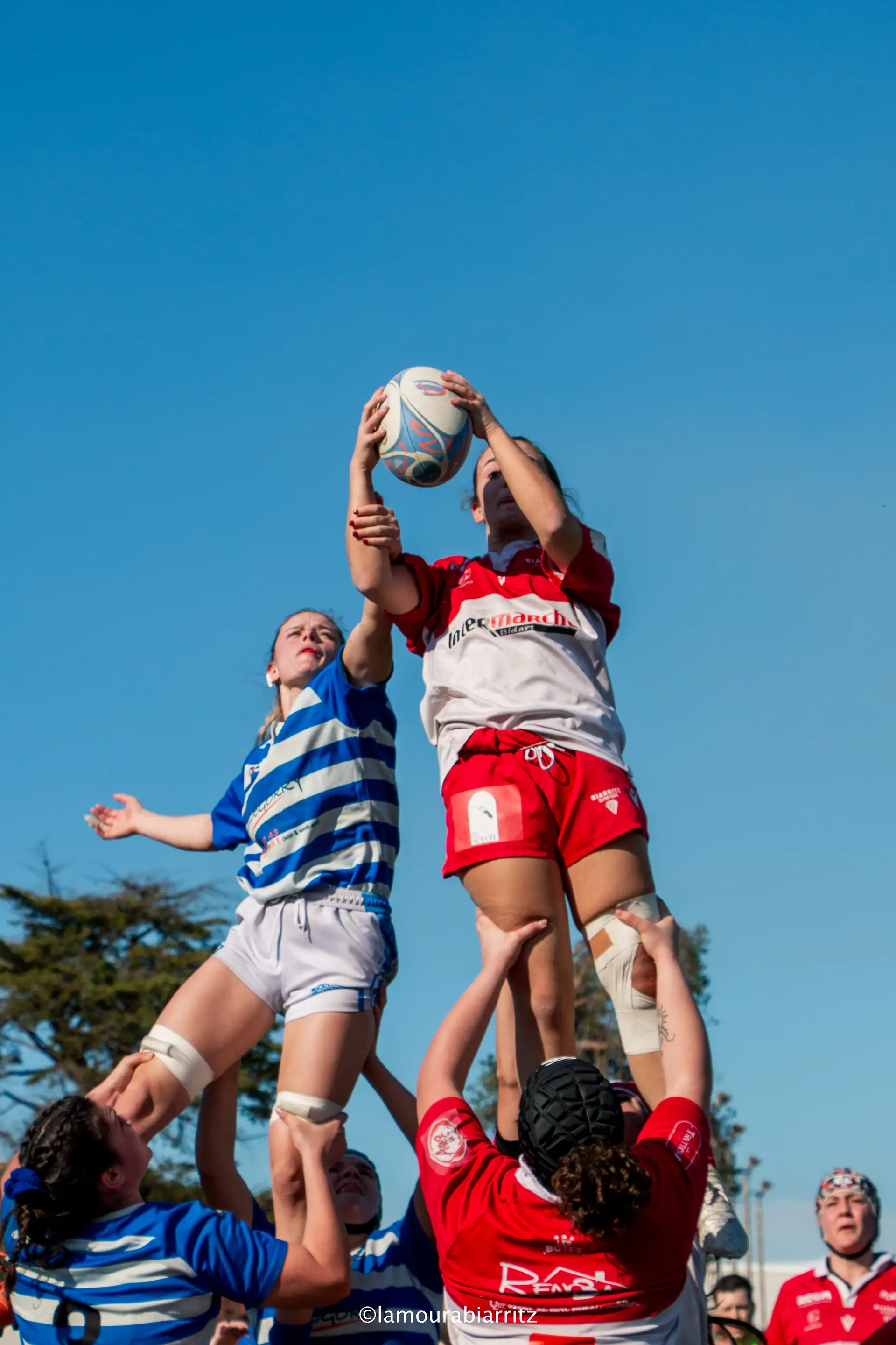 Deux joueuses de rugby sautent pour attraper le ballon lors d'une touche, soutenues par leurs coéquipières, avec un ciel bleu en arrière-plan.