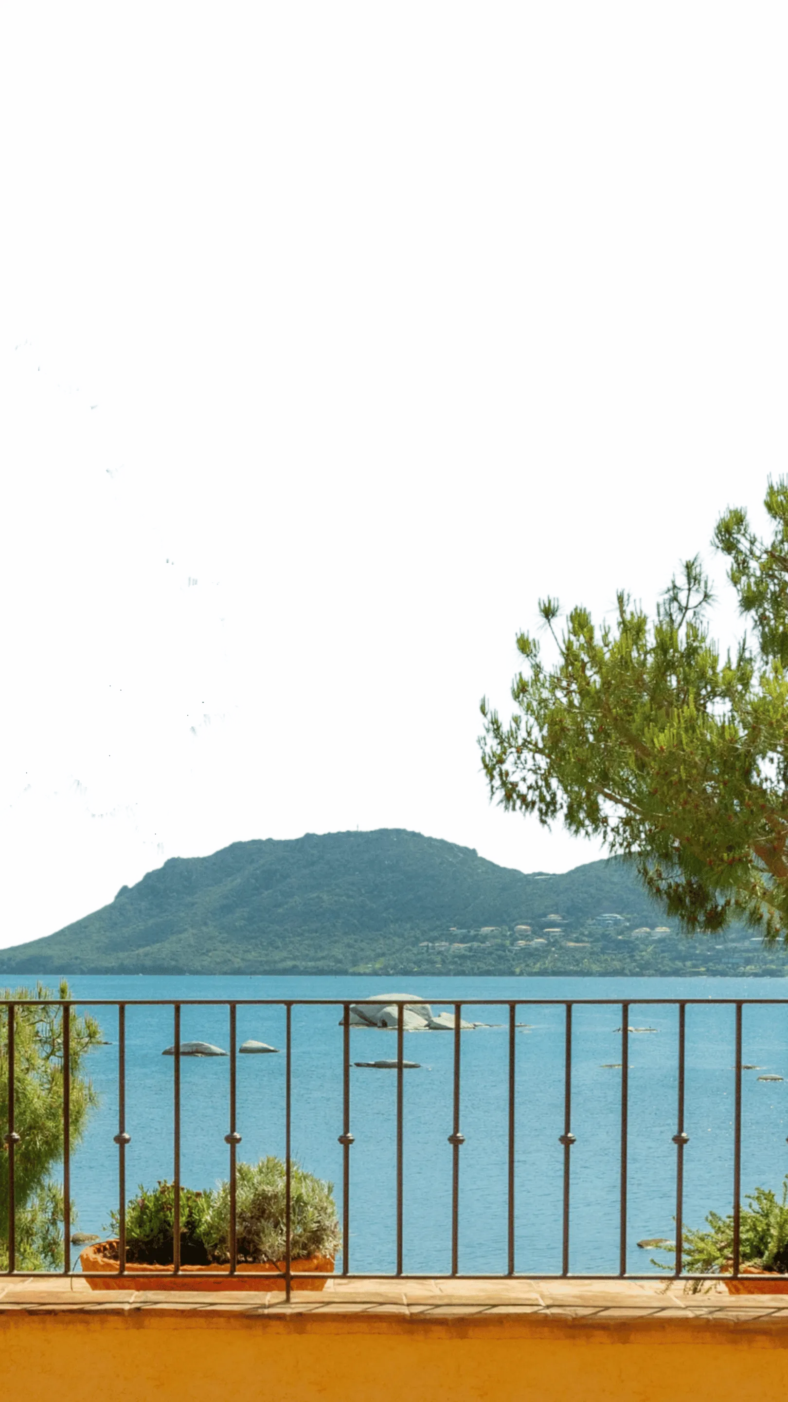 Vue sur la mer bleue avec un îlot rocheux, en arrière-plan une montagne verte et un arbre à droite, prise depuis une terrasse avec une rambarde en métal et des plantes en pot.