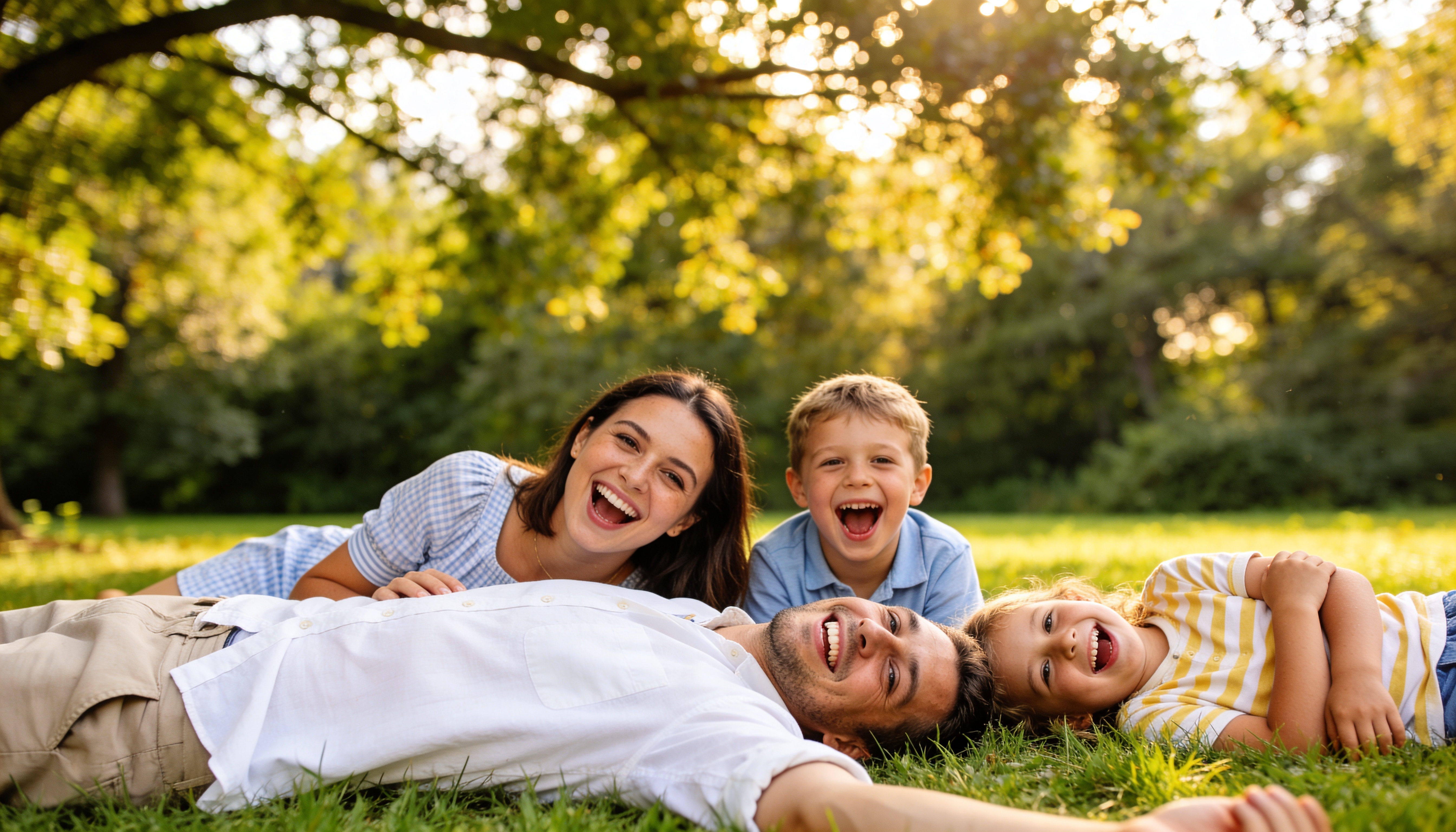 Family laying down laughing stock image