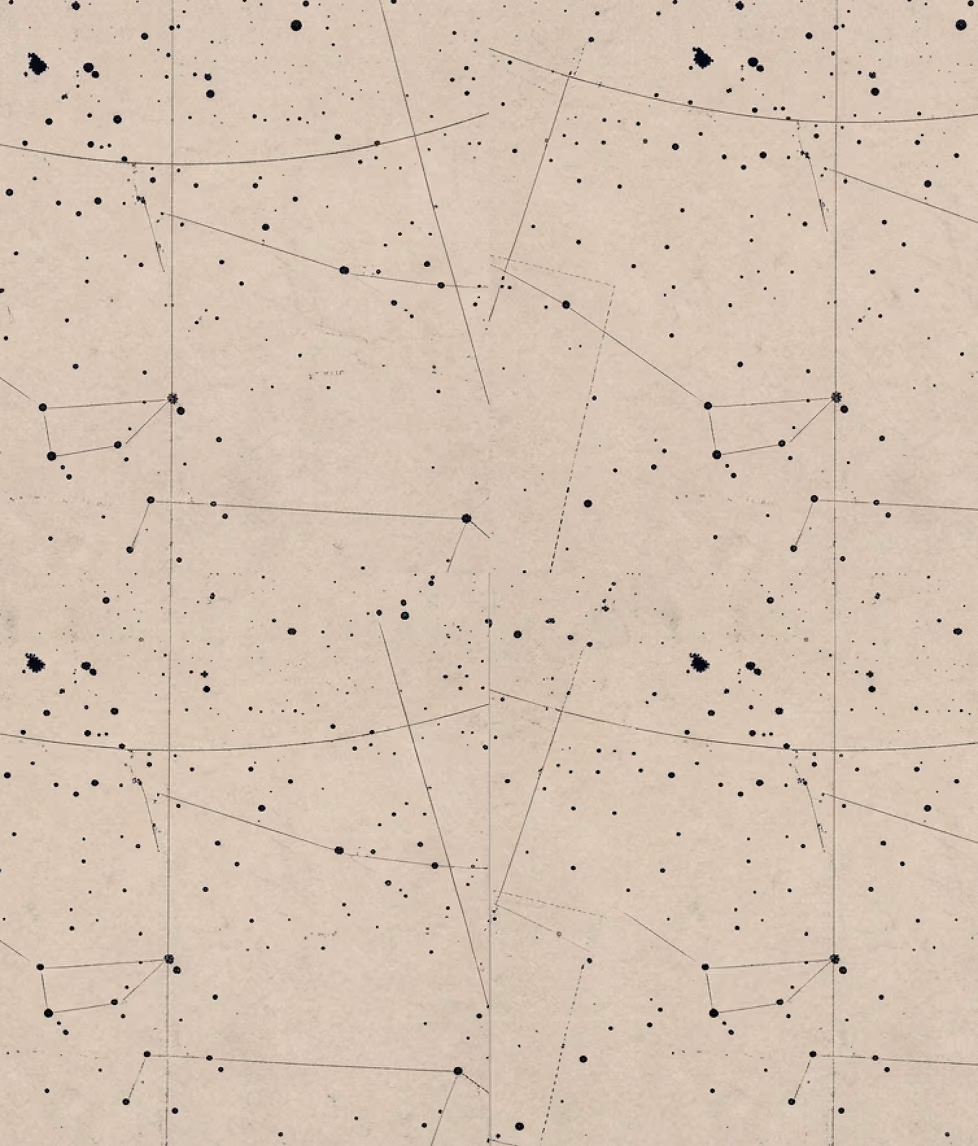 Vintage-style star map with black dots connected by lines showing constellations on beige background.