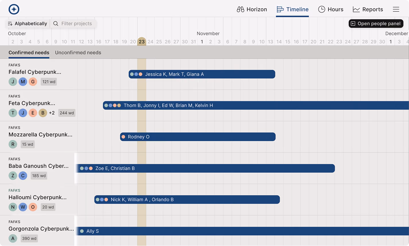 Project timeline showing confirmed needs for various projects with assigned team members and workload days.