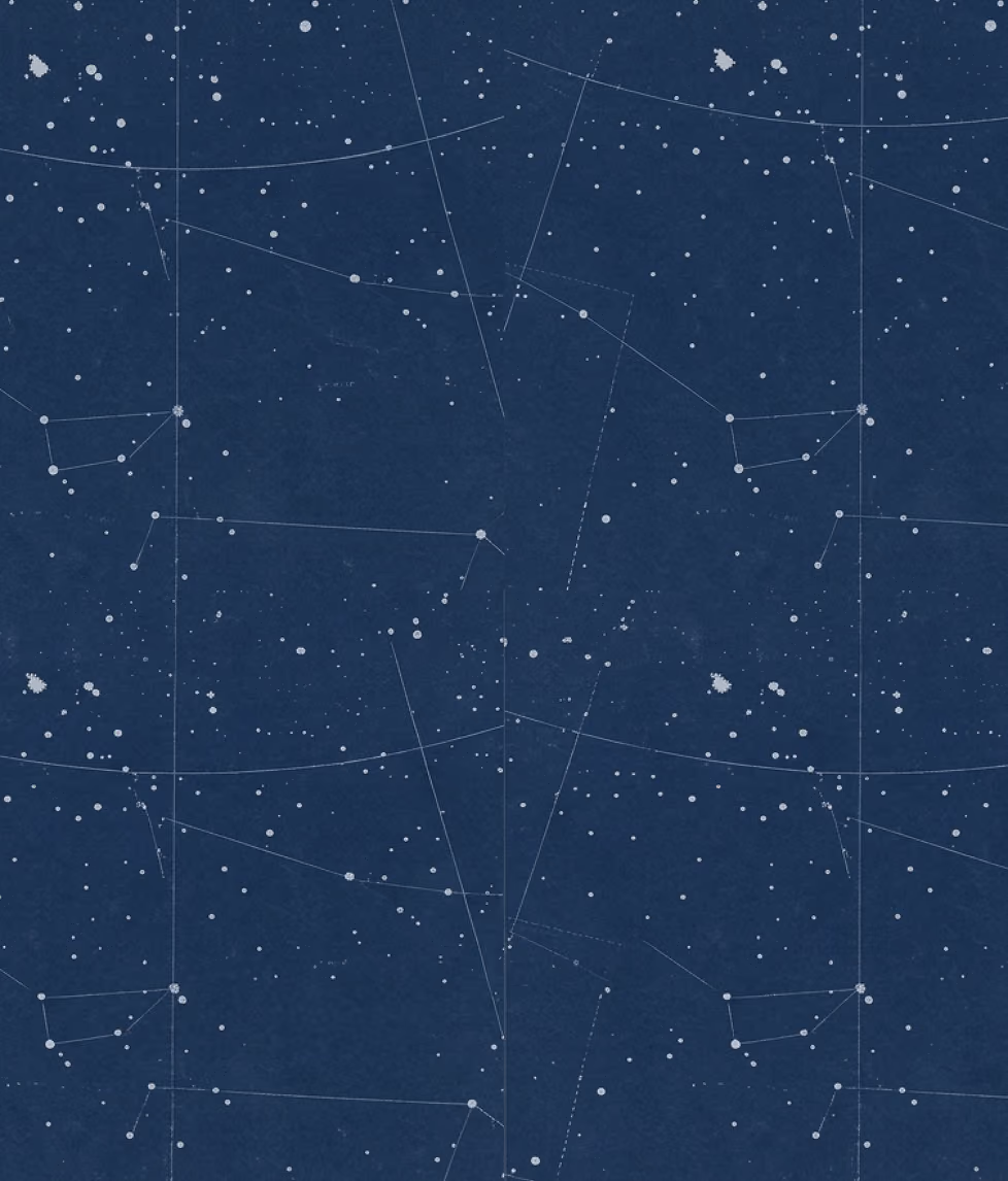 Star map with constellations connected by thin white lines on a dark blue background.