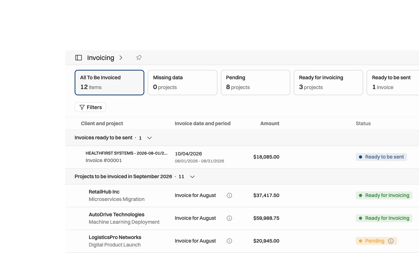 Operating invoicing screen showing projects ready to invoice for the month, grouped by client, with amounts, invoice status and the approved time entries behind each invoice.