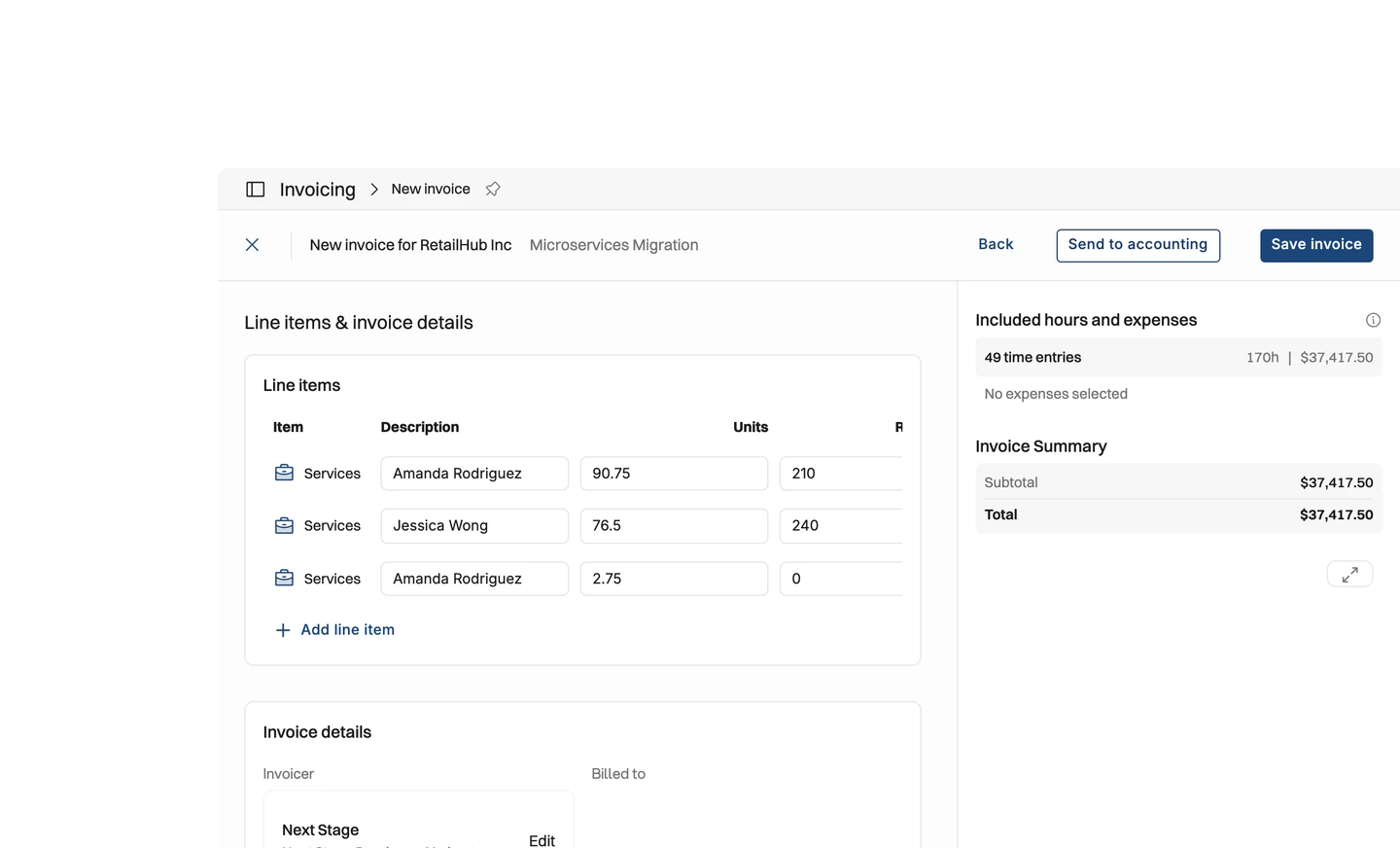 Operating invoices flow to accounting — your way — When an invoice is generated in Operating, its data is ready for your accounting platform. Send the invoice from Operating and the information lands i