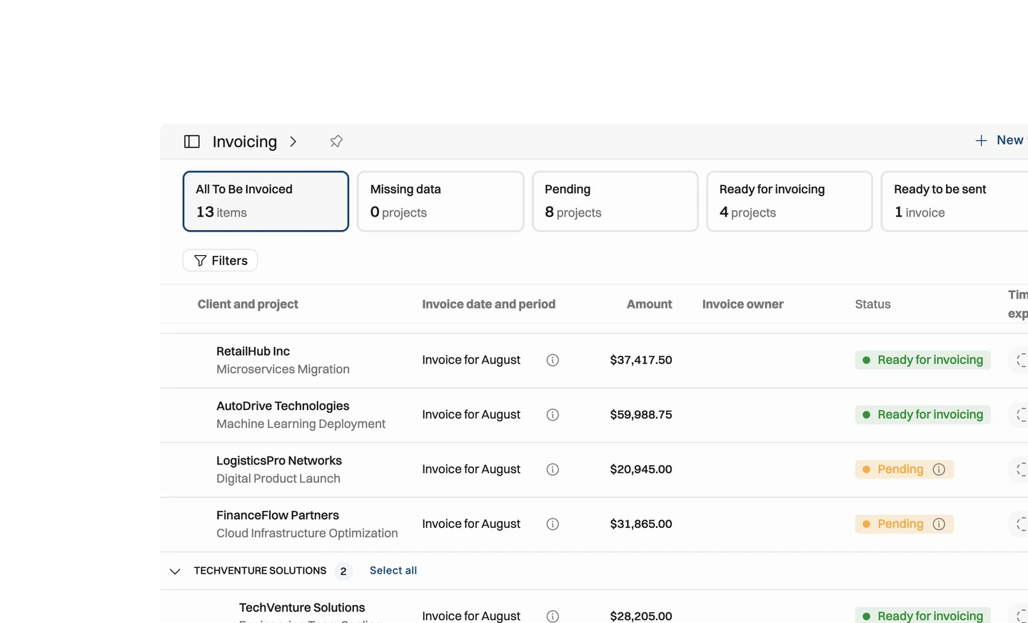Operating know what's ready — and what's blocking the rest — An invoice is only as done as its slowest timesheet. Operating shows the whole month's invoicing at a glance: which invoices are ready to send, which 