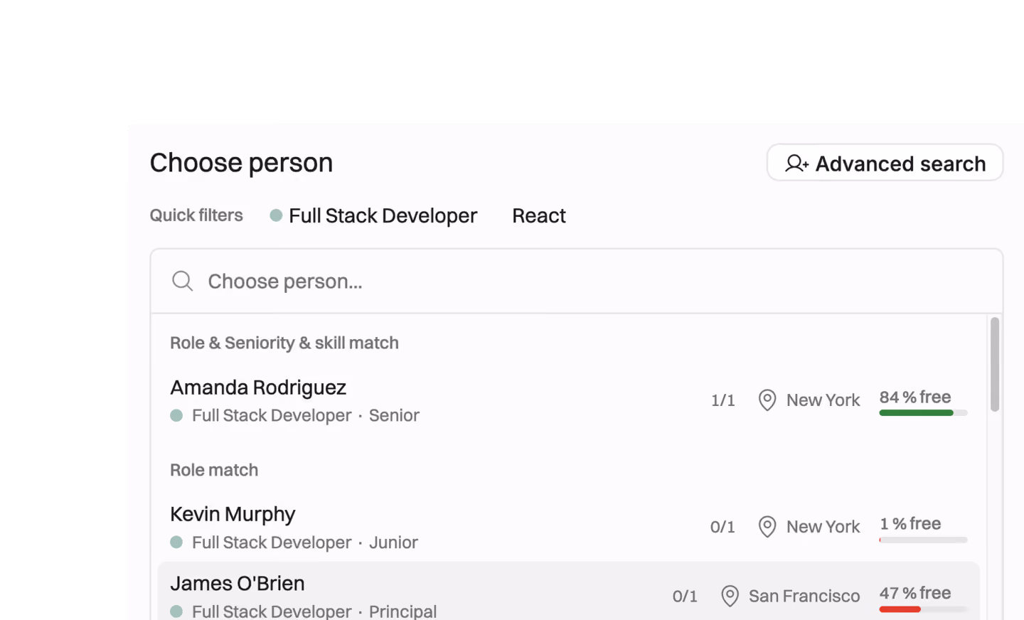 User interface screen titled 'Choose person' showing a list of candidates filtered by Full Stack Developer and React roles. It displays three entries with their names, roles, seniority levels, locations, and percentage of availability: Amanda Rodriguez is a Senior Full Stack Developer in New York with 84% free time, Kevin Murphy is a Junior Full Stack Developer in New York with 1% free time, and James O'Brien is a Principal Full Stack Developer in San Francisco with 47% free time.