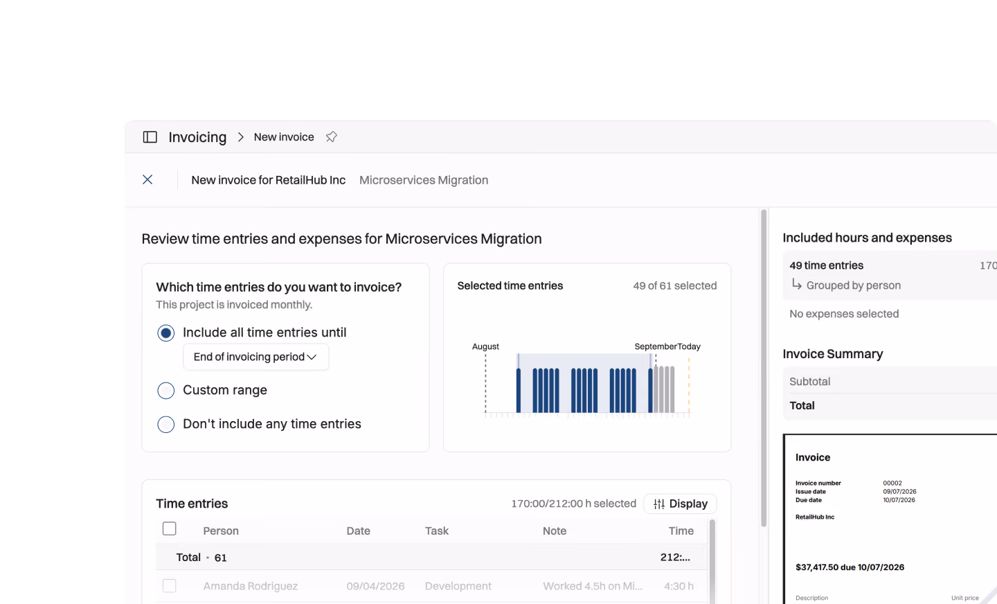 Invoice creation interface for RetailHub Inc showing options to include all time entries, custom range, or none for Microservices Migration, a graph of selected time entries from August to September, and an invoice summary with subtotal, total, and invoice details including number, issue date, due date, and amount $37,417.50 due on 10/07/2026.
