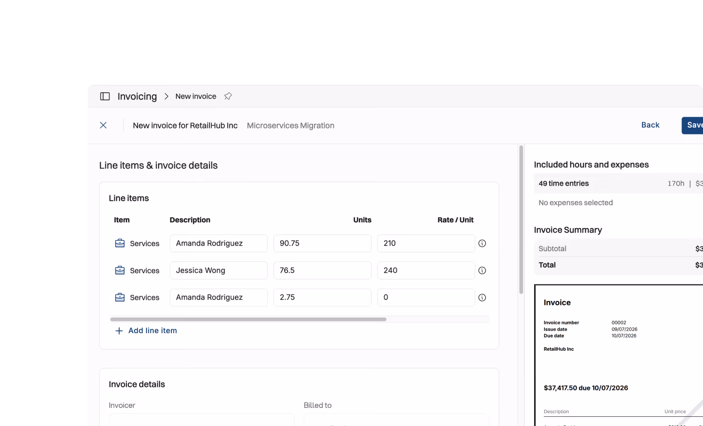 Invoice screen for RetailHub Inc showing line items with services rendered by Amanda Rodriguez and Jessica Wong, listing units and rates per unit, with an invoice summary including subtotal and total amount due, and invoice details such as invoice number, issue date, and due date.