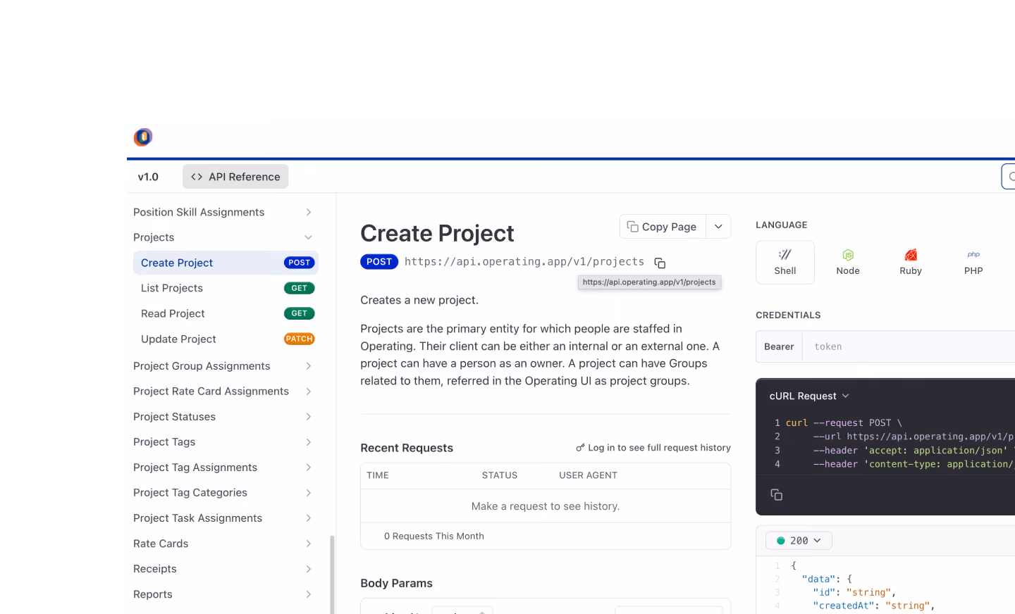 Screenshot of an API documentation page showing the 'Create Project' endpoint details including description, recent requests, supported languages (Shell, Node, Ruby, PHP), credentials input, and example cURL request.