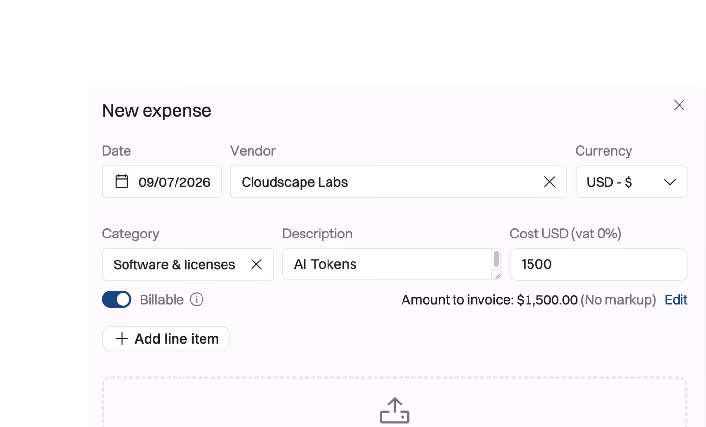 Expense entry form showing date as September 7, 2026, vendor as Cloudscape Labs, currency USD, category Software & licenses, description AI Tokens, cost 1500 USD, with billable toggle switched on and total amount to invoice $1,500.00 without markup.