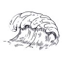 Stylized black wave icon with detailed crest and flowing water lines.