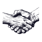 Black and white illustration of a handshake with detailed lines and shading.