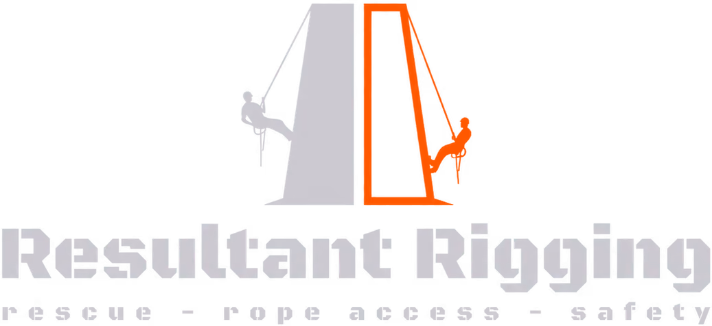 Resultant Rigging logo with two climbers on ropes beside stylized gray and orange structures.