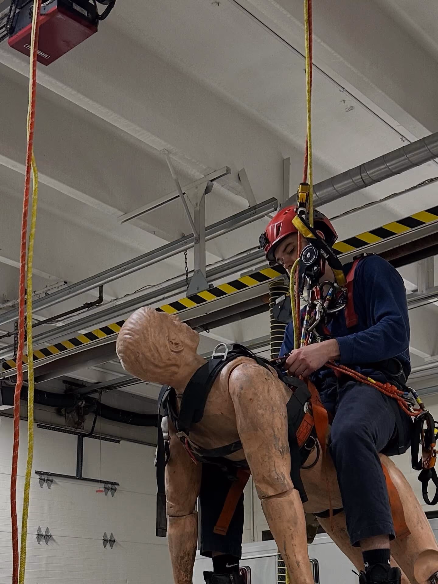 Person wearing a red helmet and harness attaches ropes to a rescue training dummy indoors.
