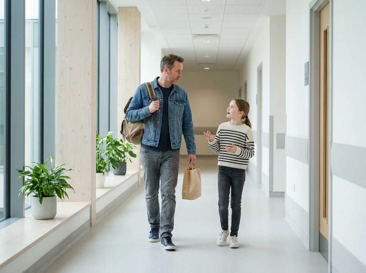 A father and his young daughter walk together down a bright hospital corridor, talking