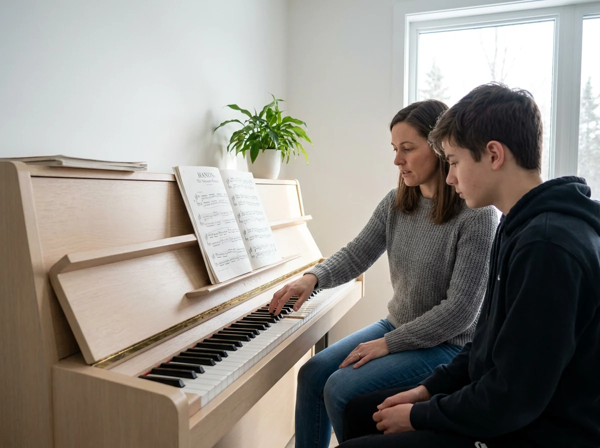 A woman teaches a teenager to play the piano, showing a fingering on the keys