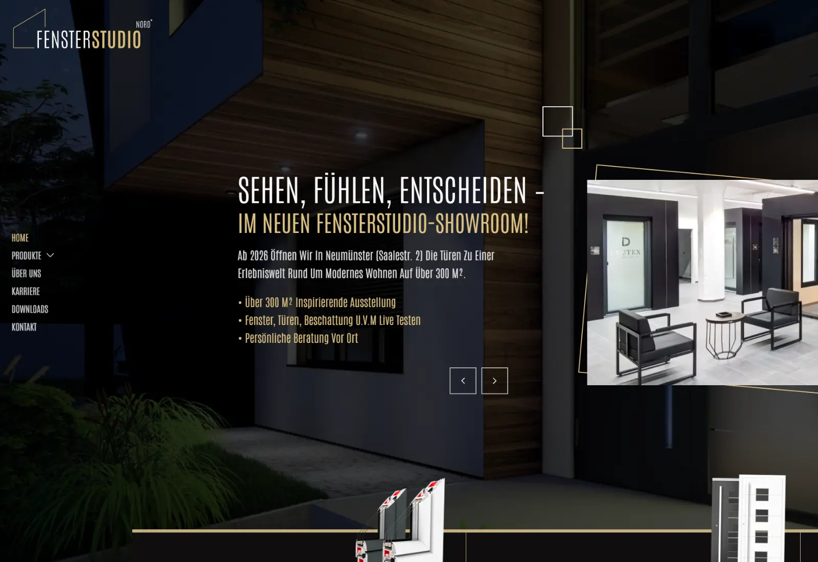 Screenshot der Fensterstudio-Nord-Website mit einem Einblick in den Showroom für Fenster und Türen.