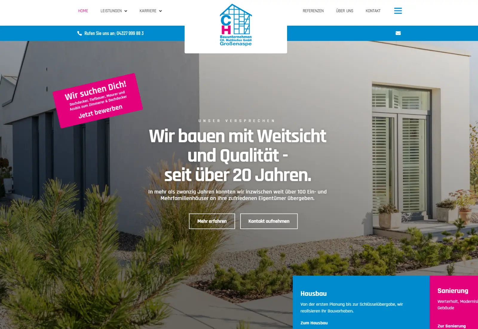 Screenshot der Website von C. H. Matthießen Bau mit einem modernen Wohnhaus und Informationen zu Hausbau und Sanierung.
