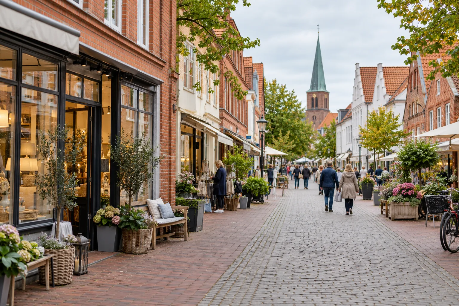 Illustratives Stadtbild mit Geschäften und Backsteinhäusern