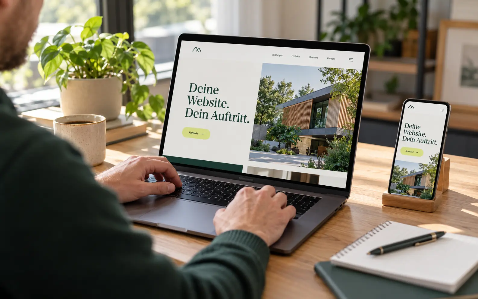 Mann arbeitet am Laptop an einem Webdesign, das auch auf dem Smartphone dargestellt wird.