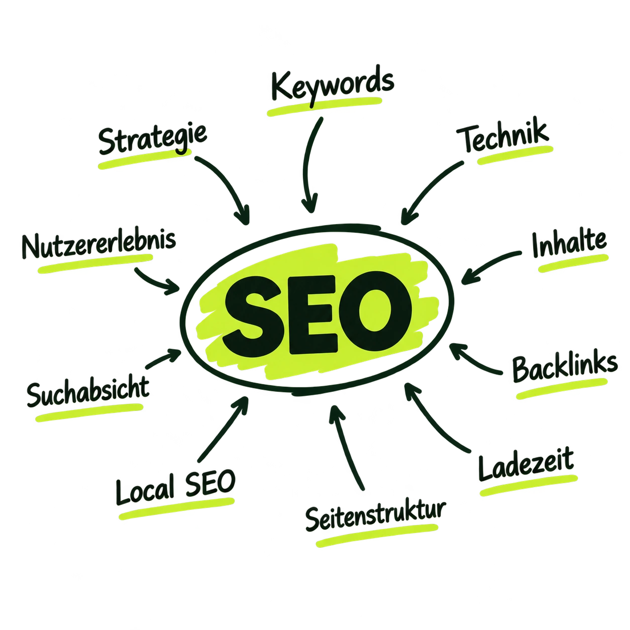 SEO im Überblick: Keywords, Technik, Inhalte, Backlinks und weitere Bereiche der Suchmaschinenoptimierung.