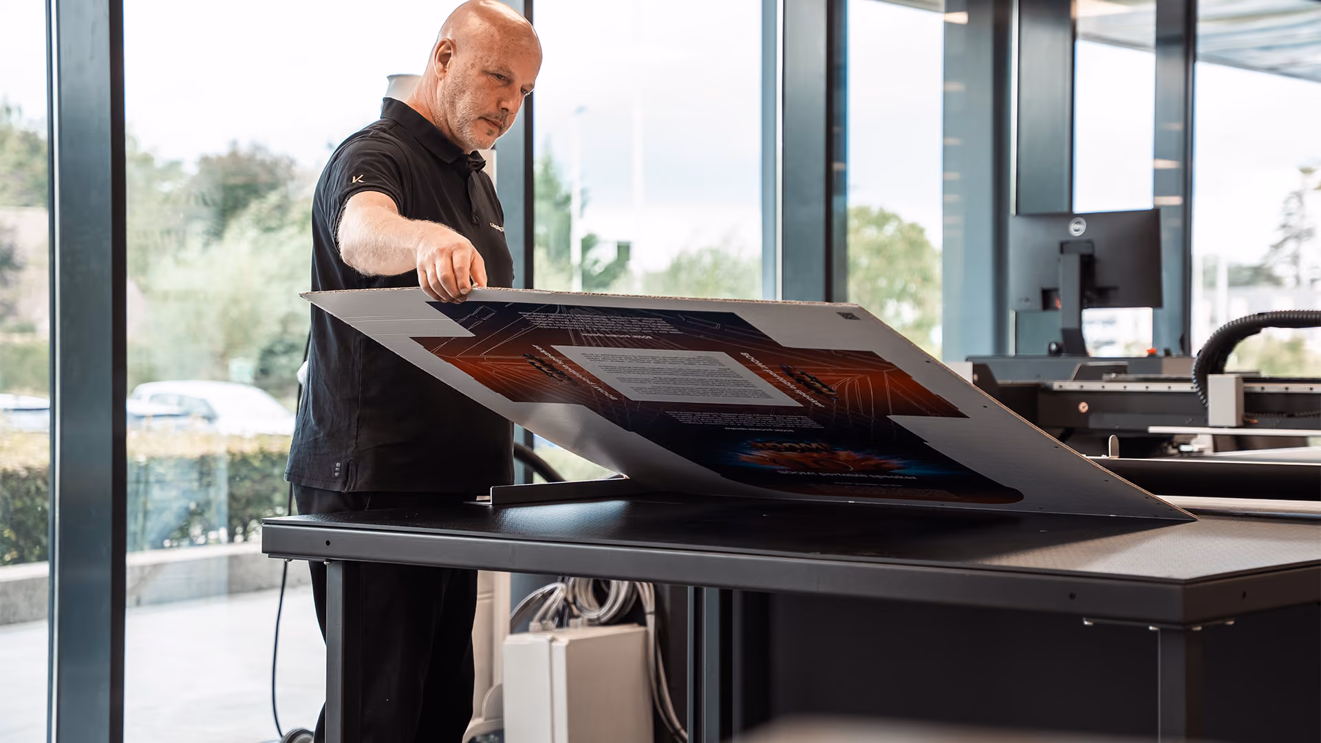 Operator preparing a sheet on the feed table of the Smart Material Handler while the Kongsberg C24 is cutting