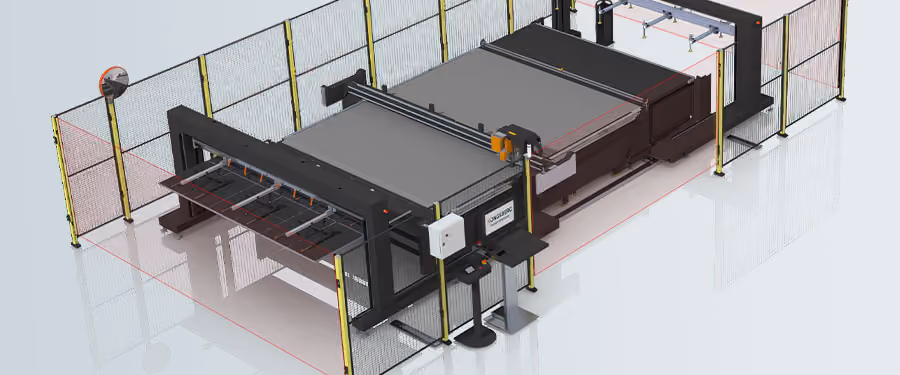 Bird's-eye view of a Kongsberg C64 with a Feeder & Stacker and the Extended Automation Safety system