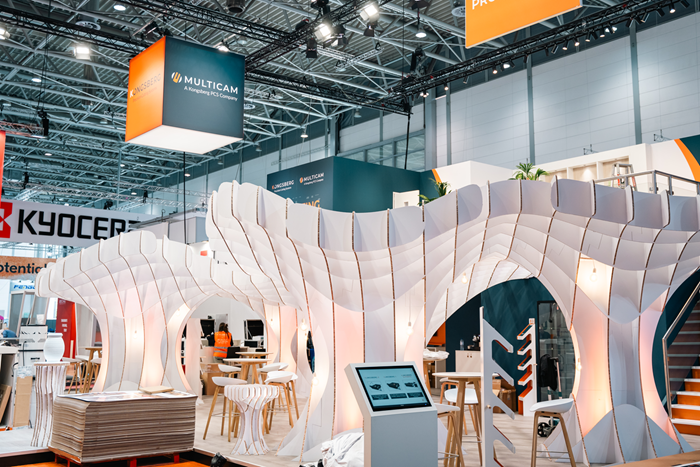 Our impressive central canopy - a live example of the extraordinary designs achievable with Kongsberg technology, crafted entirely from Re-board®!
